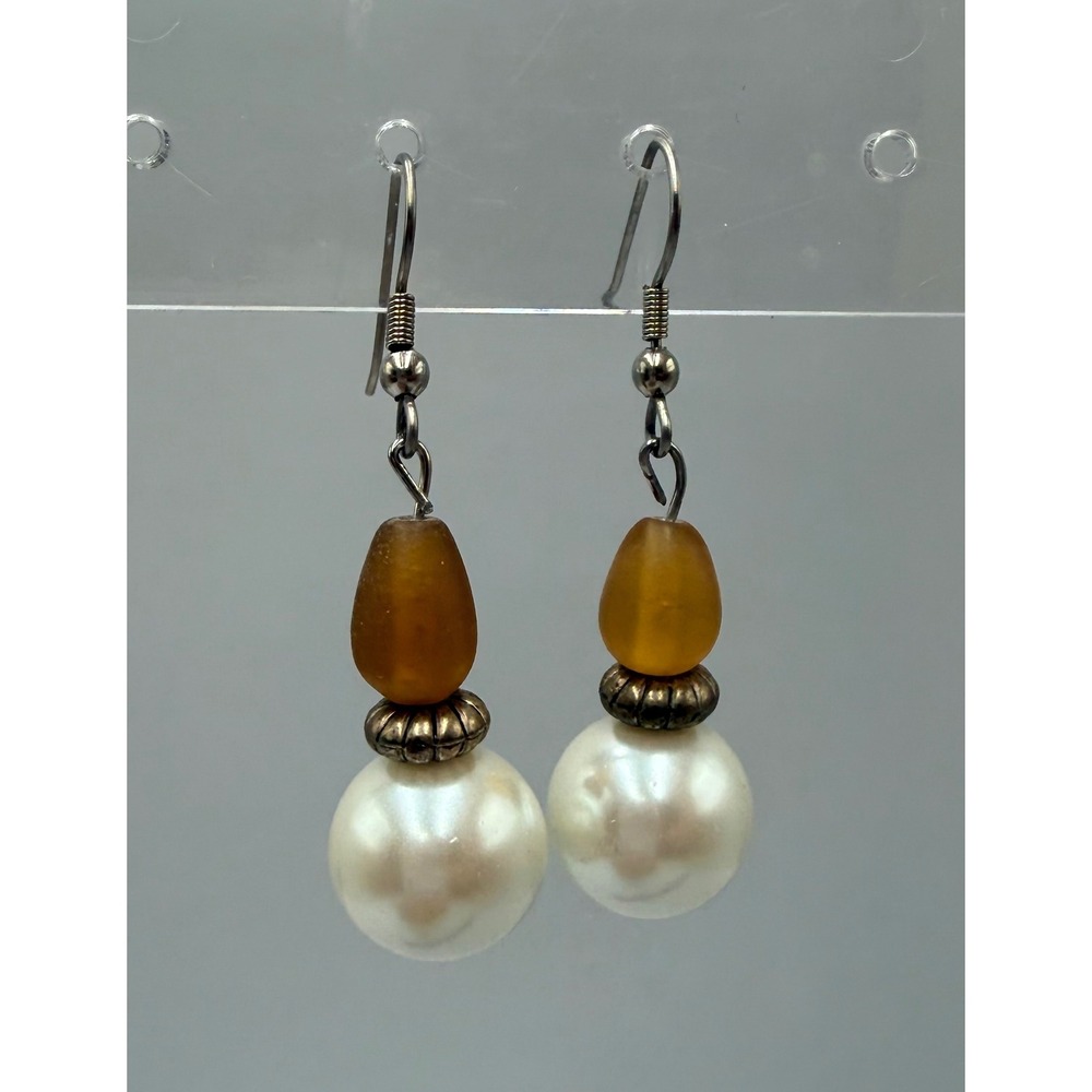 Dangle Earrings Women's Amber White  Faux Pearl Drop